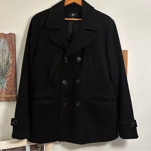 H&M Men’s Recycled Wool Double Breasted Black Pea Coat- Size 42R